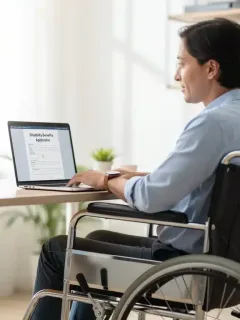Person reviewing disability benefits application on laptop